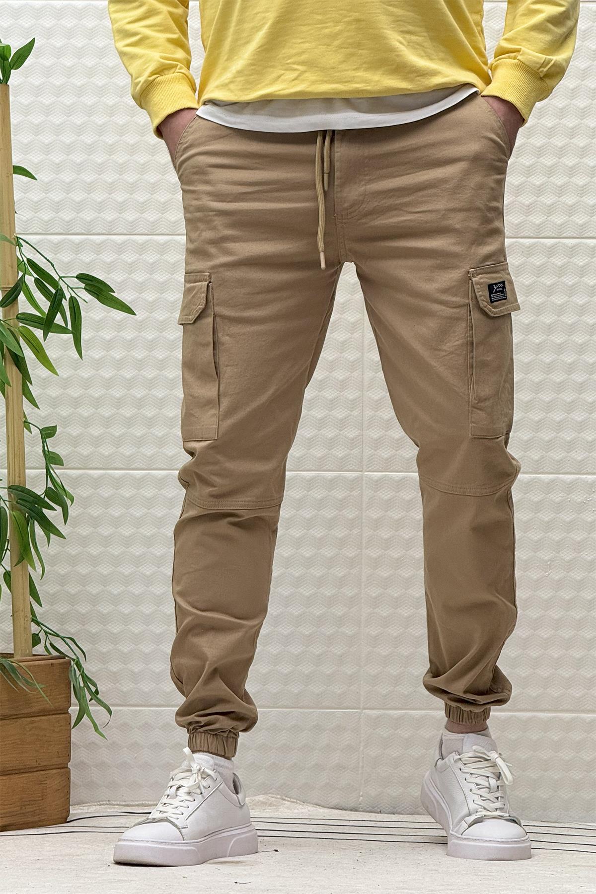 Erkek Beli Lastikli Likralı Kargo Cepli Gabardin Pantalon - Açık Kahve