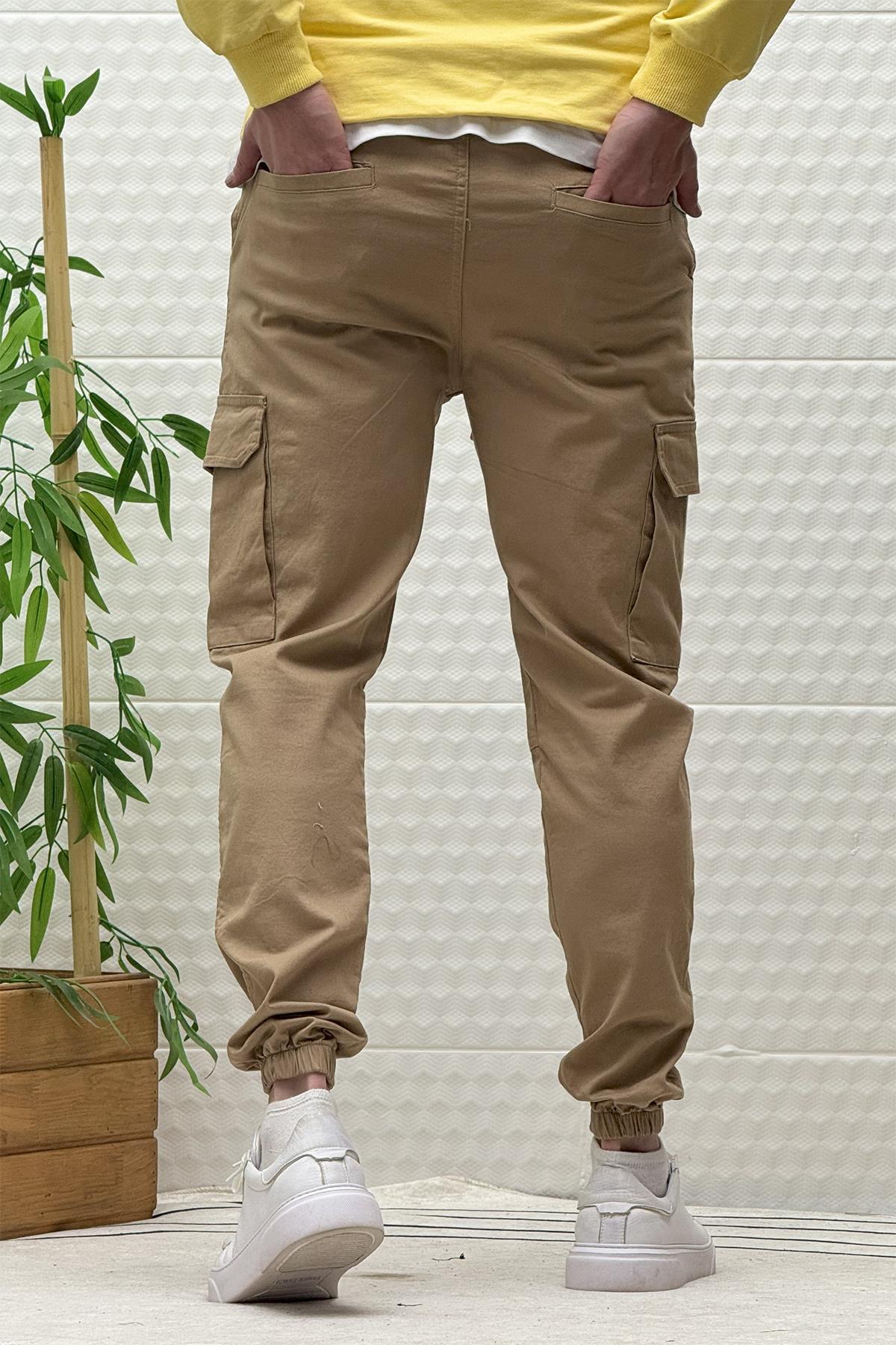 Erkek Beli Lastikli Likralı Kargo Cepli Gabardin Pantalon - Açık Kahve