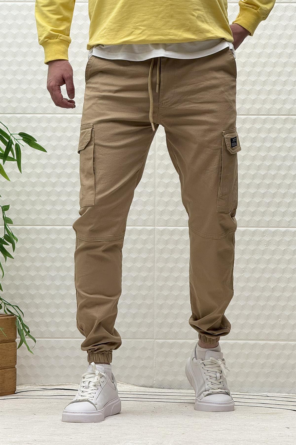 Erkek Beli Lastikli Likralı Kargo Cepli Gabardin Pantalon - Açık Kahve