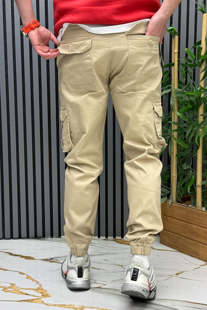 Erkek Beli Lastikli Likralı Kargo Cepli Gabardin Pantalon - Bej