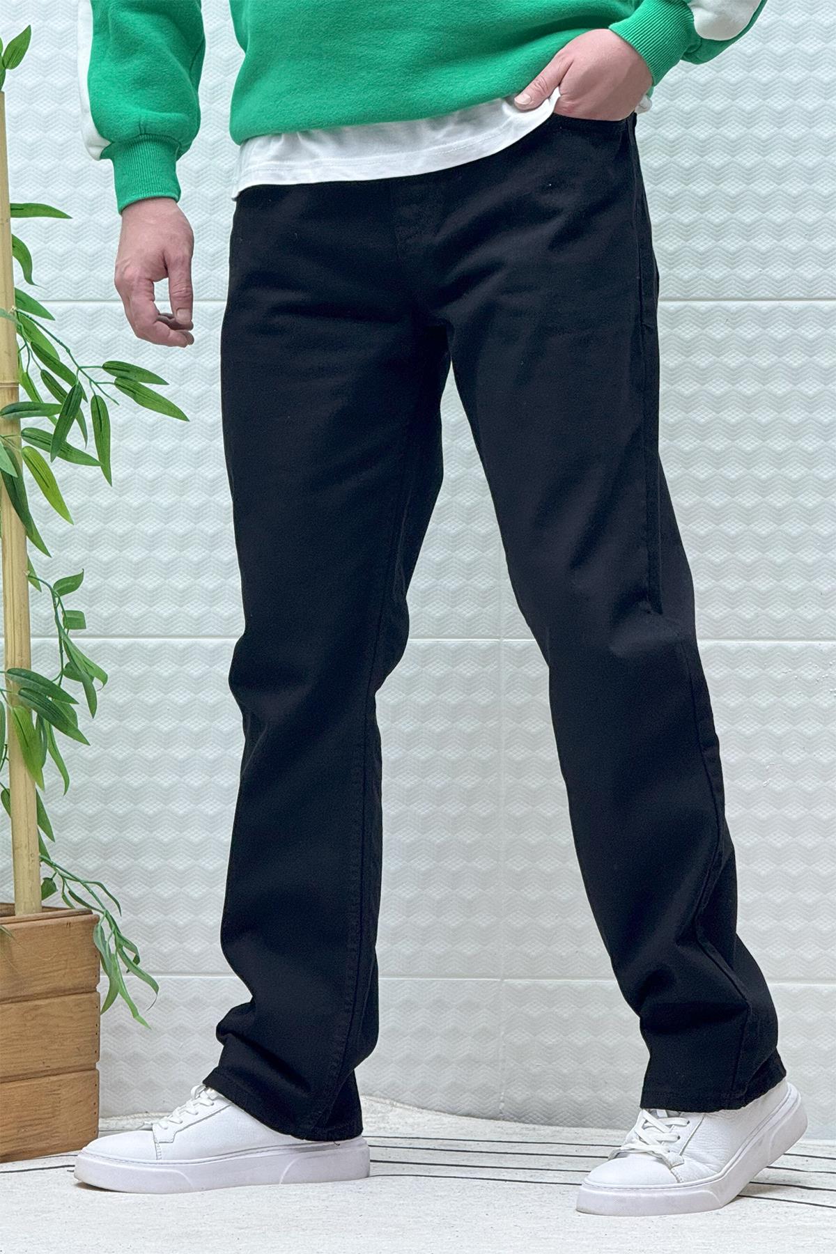 Erkek Beli Lastikli Rahat Kullanım Baggy Kot Pantolon - Siyah