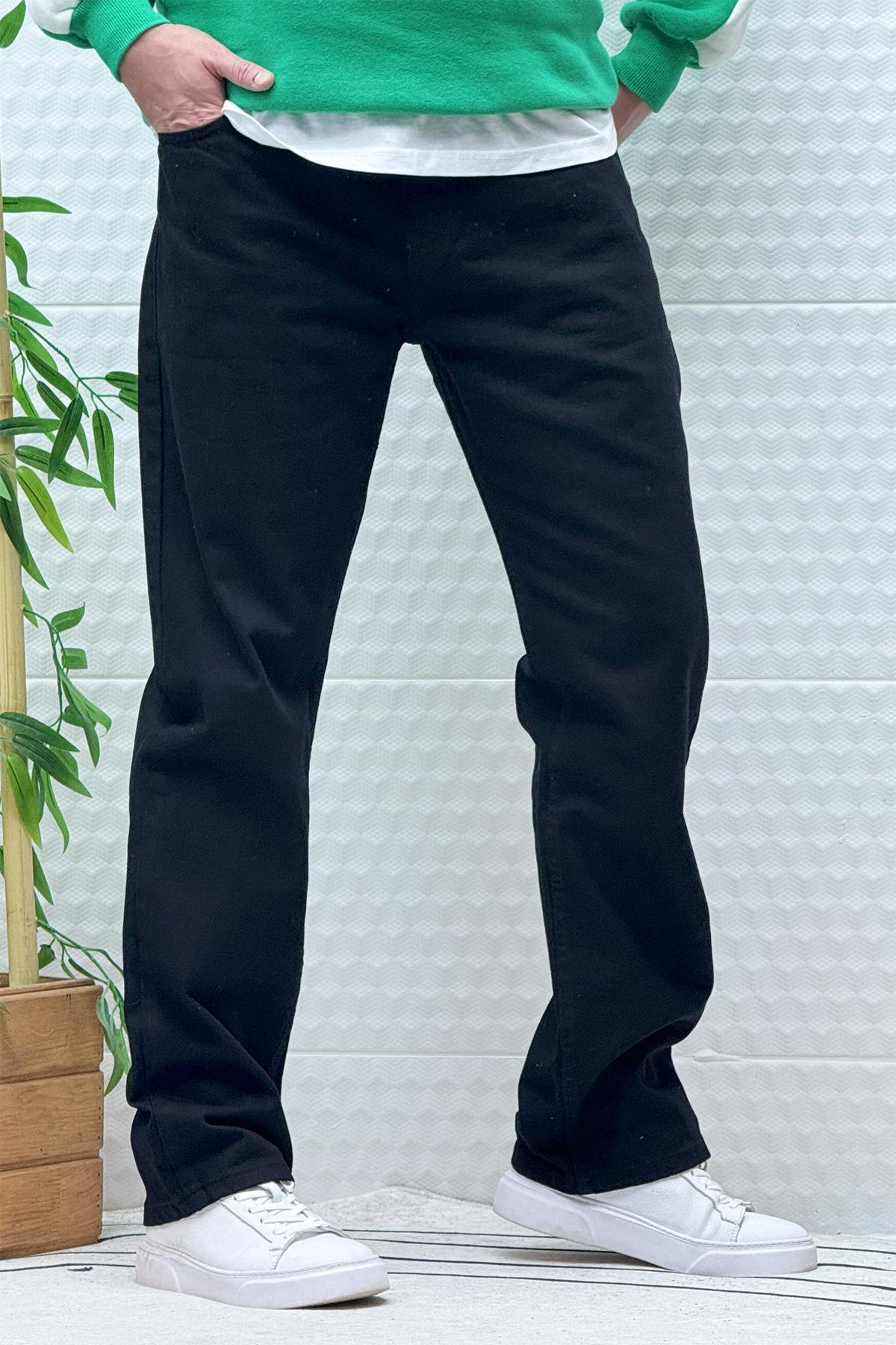 Erkek Beli Lastikli Rahat Kullanım Baggy Kot Pantolon - Siyah