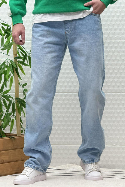 Erkek Beli Lastikli Rahat Kullanım Baggy Kot Pantolon - Açık Mavi