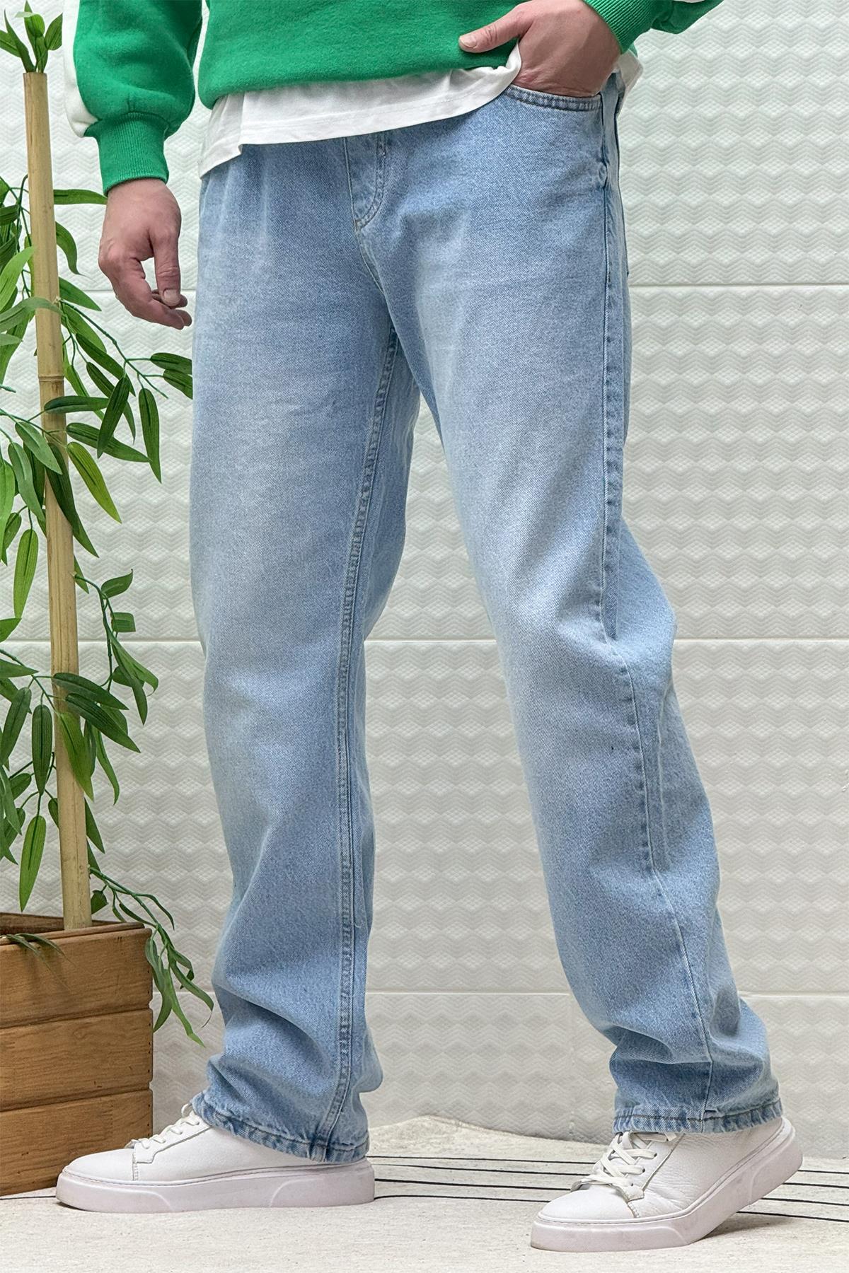 Erkek Beli Lastikli Rahat Kullanım Baggy Kot Pantolon - Açık Mavi