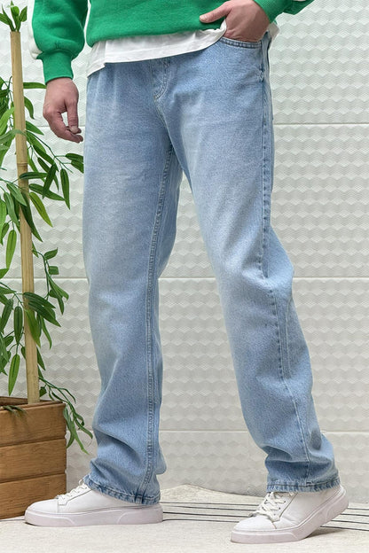 Erkek Beli Lastikli Rahat Kullanım Baggy Kot Pantolon - Açık Mavi