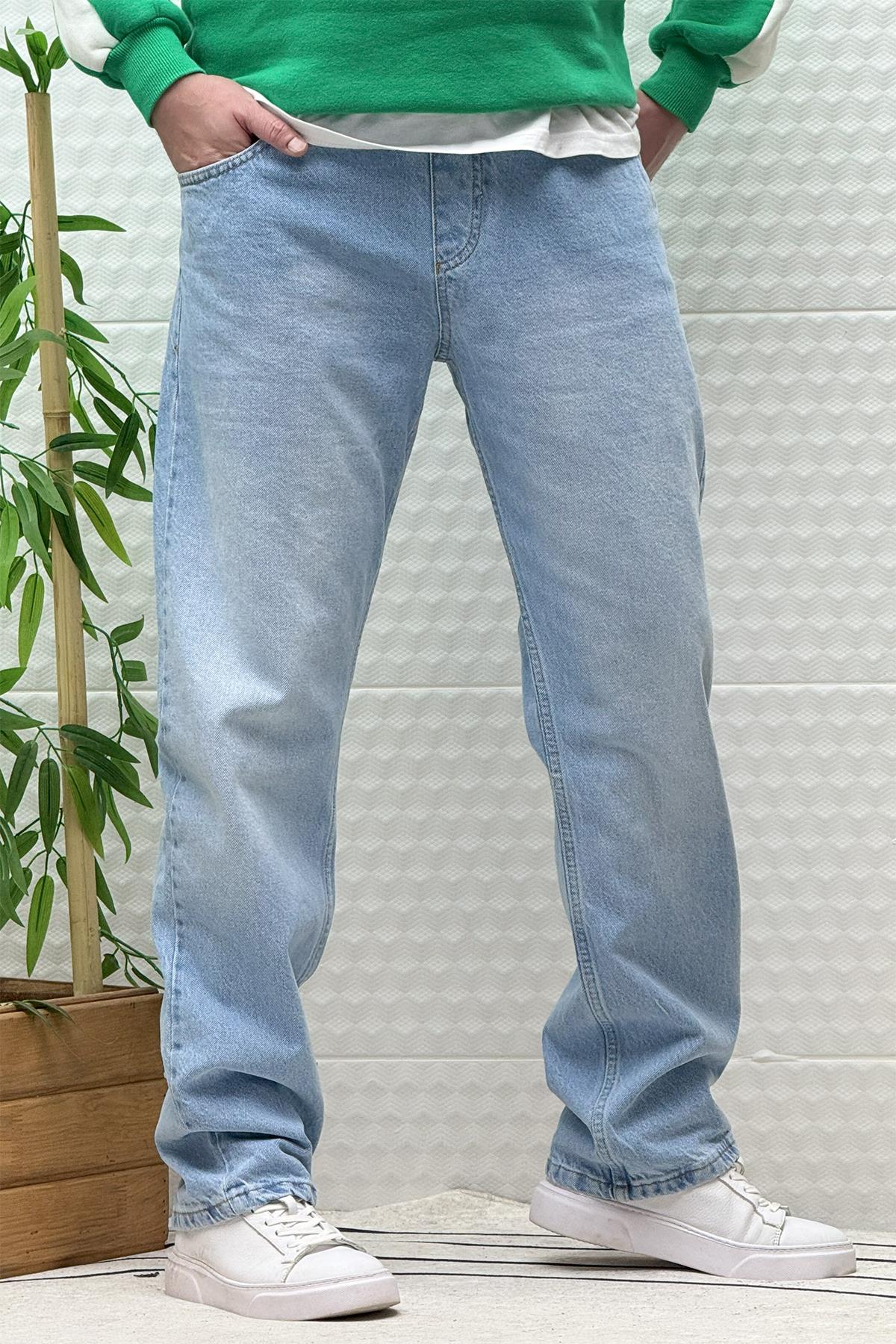 Erkek Beli Lastikli Rahat Kullanım Baggy Kot Pantolon - Açık Mavi