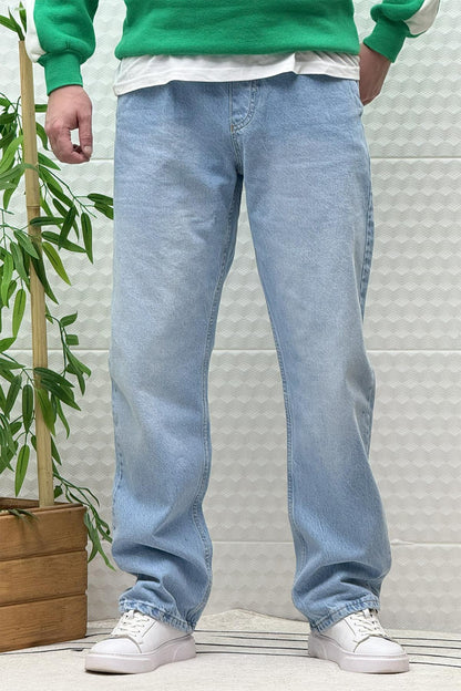 Erkek Beli Lastikli Rahat Kullanım Baggy Kot Pantolon - Açık Mavi
