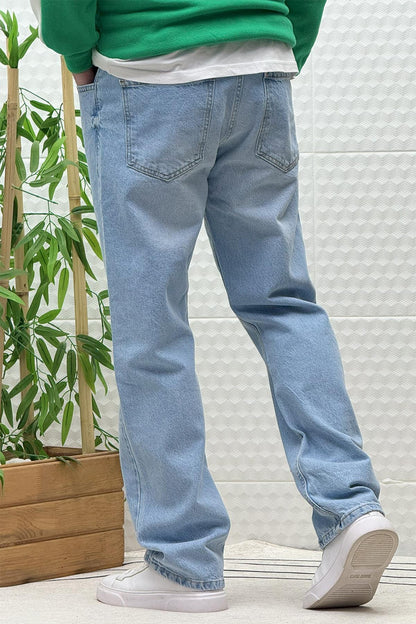 Erkek Beli Lastikli Rahat Kullanım Baggy Kot Pantolon - Açık Mavi