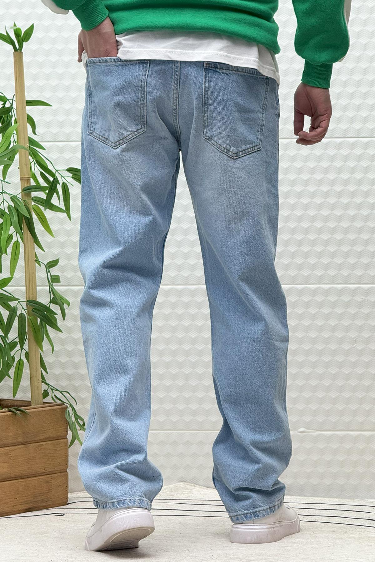 Erkek Beli Lastikli Rahat Kullanım Baggy Kot Pantolon - Açık Mavi