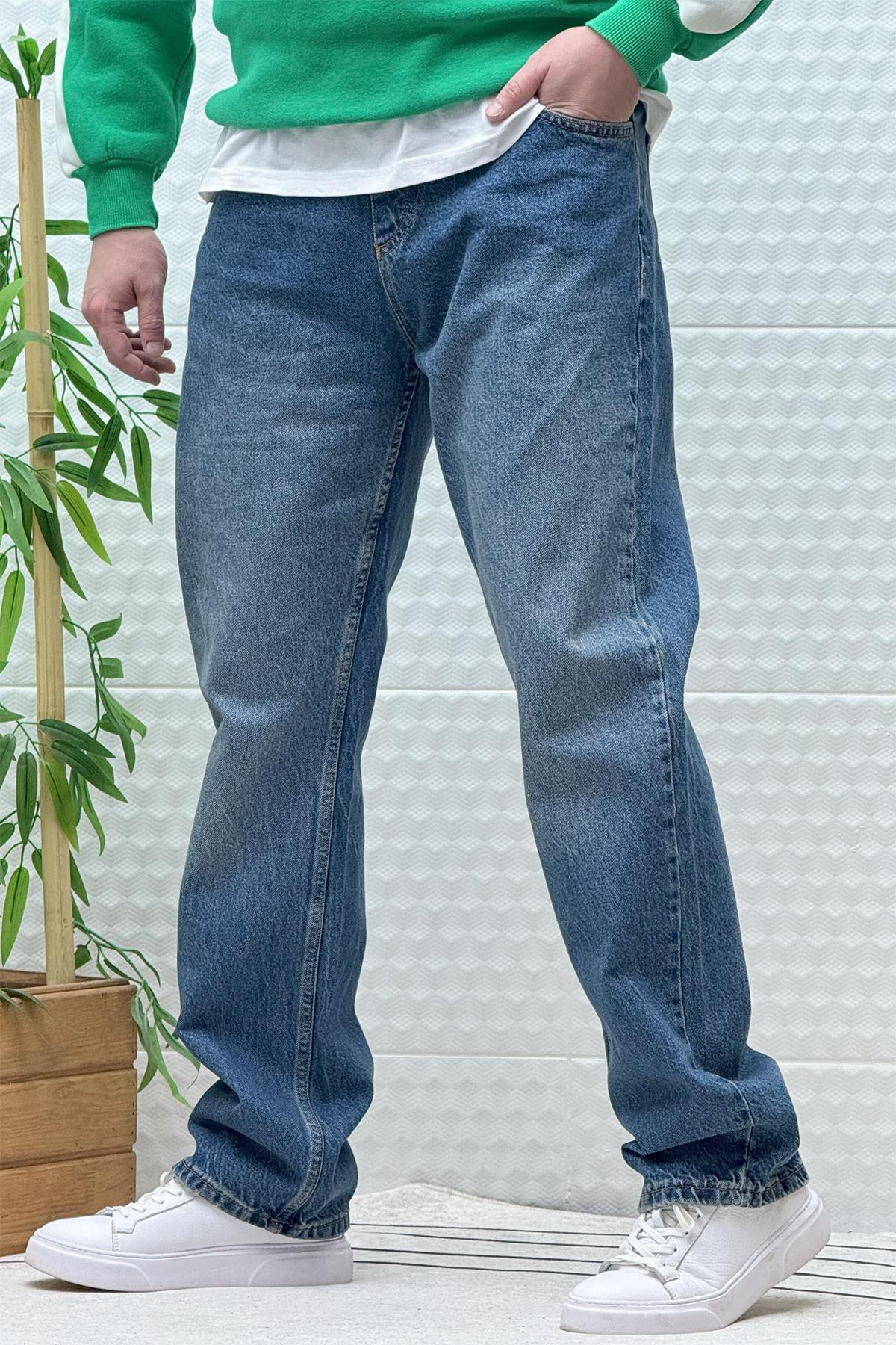 Erkek Beli Lastikli Rahat Kullanım Baggy Kot Pantolon - Lacivert