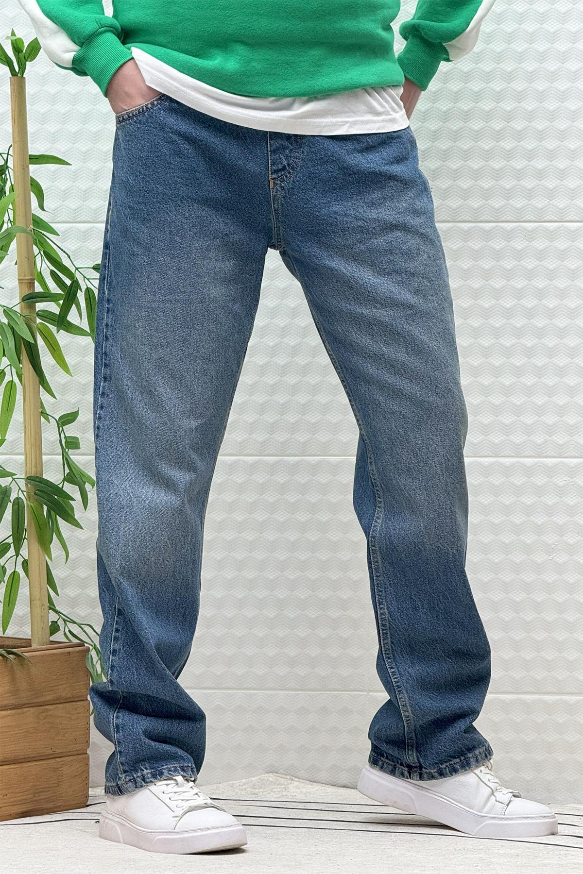 Erkek Beli Lastikli Rahat Kullanım Baggy Kot Pantolon - Lacivert