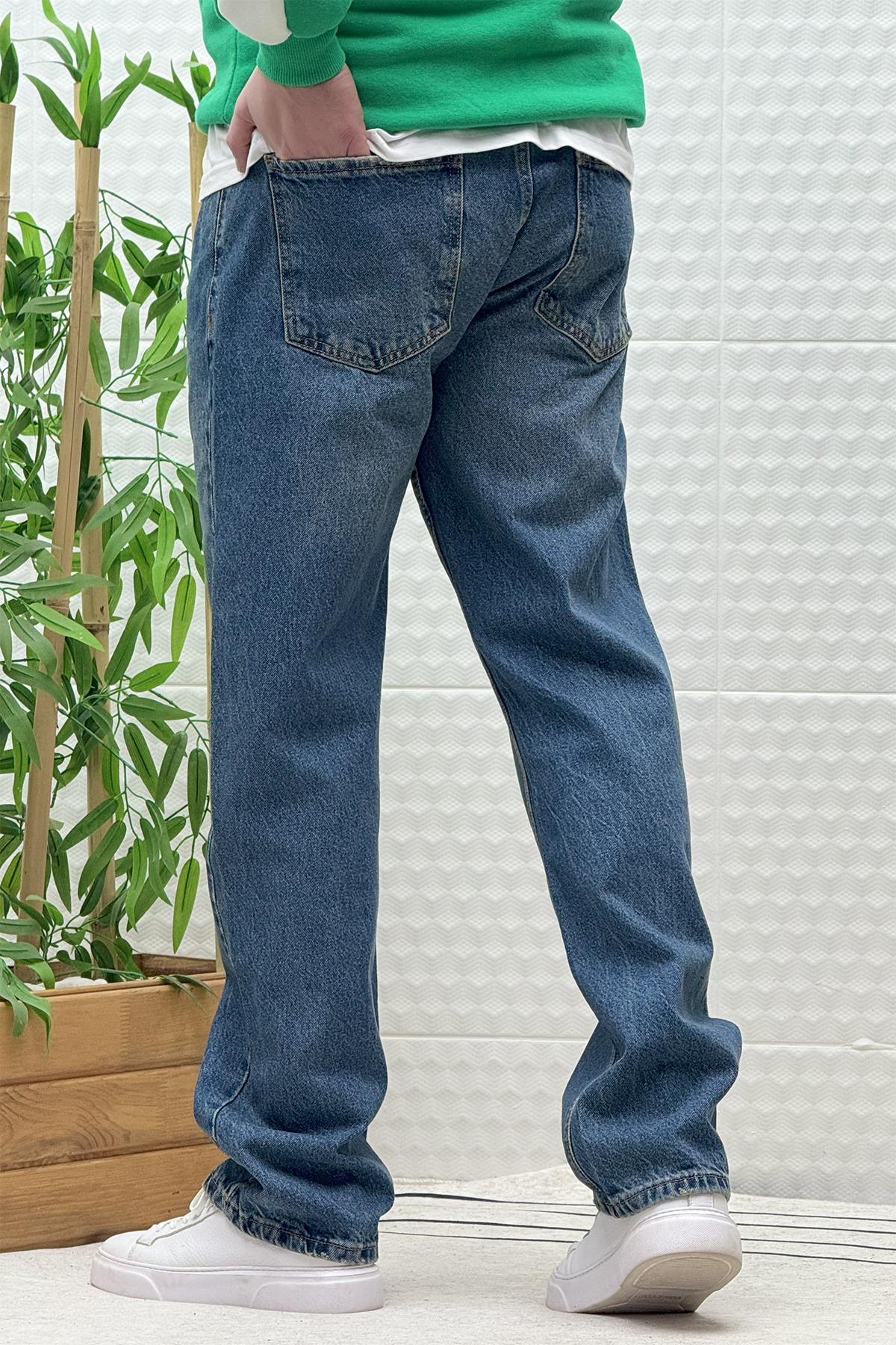 Erkek Beli Lastikli Rahat Kullanım Baggy Kot Pantolon - Lacivert