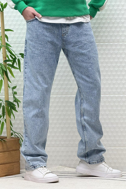 Erkek Beli Lastikli Rahat Kullanım Baggy Kot Pantolon - Bebek Mavi