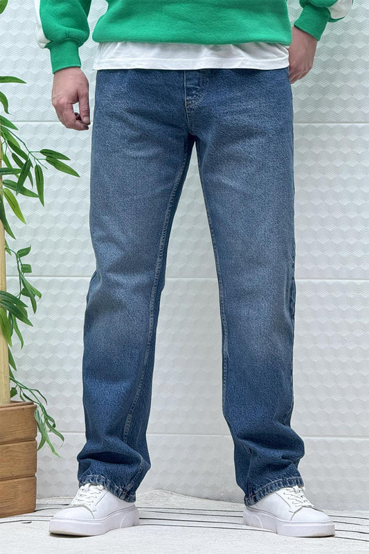 Erkek Beli Lastikli Rahat Kullanım Baggy Kot Pantolon - Indigo