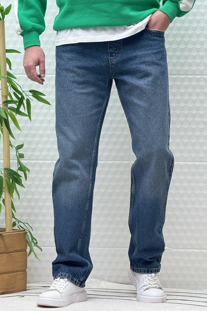 Erkek Beli Lastikli Rahat Kullanım Baggy Kot Pantolon - Indigo