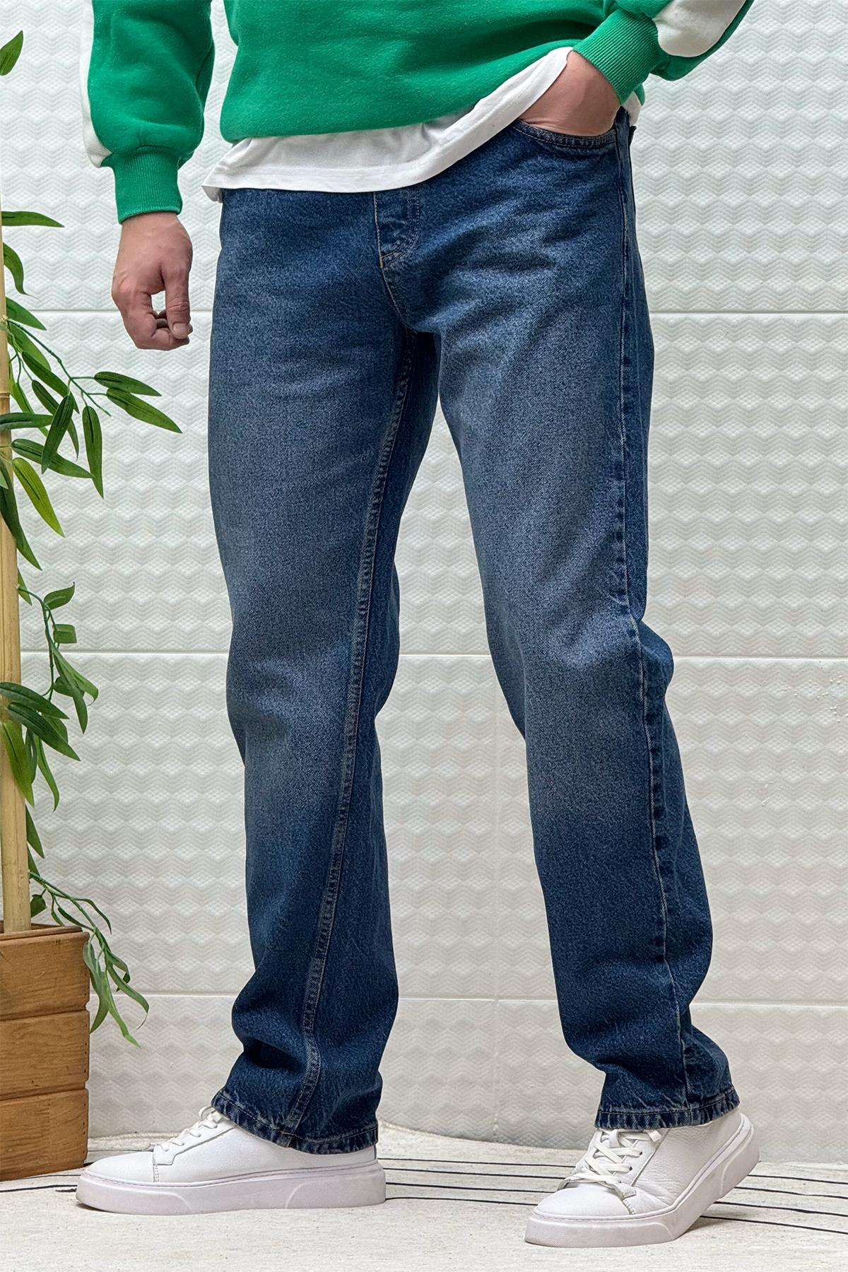 Erkek Beli Lastikli Rahat Kullanım Baggy Kot Pantolon - Indigo