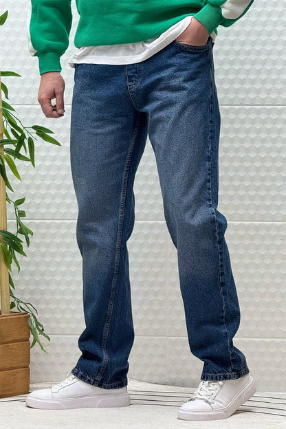 Erkek Beli Lastikli Rahat Kullanım Baggy Kot Pantolon - Indigo