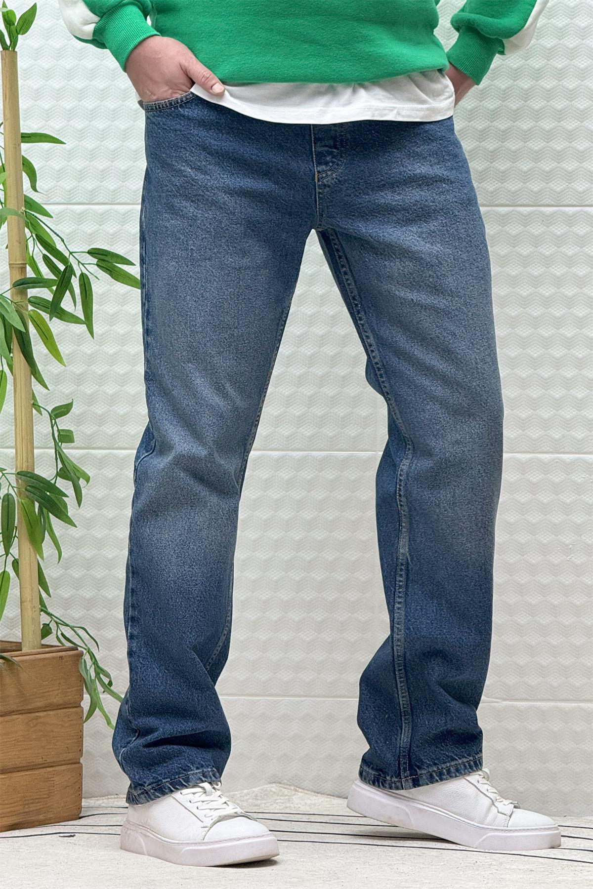 Erkek Beli Lastikli Rahat Kullanım Baggy Kot Pantolon - Indigo