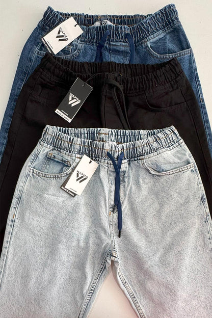 Erkek Beli Lastikli Rahat Kullanım Baggy Kot Pantolon - Indigo