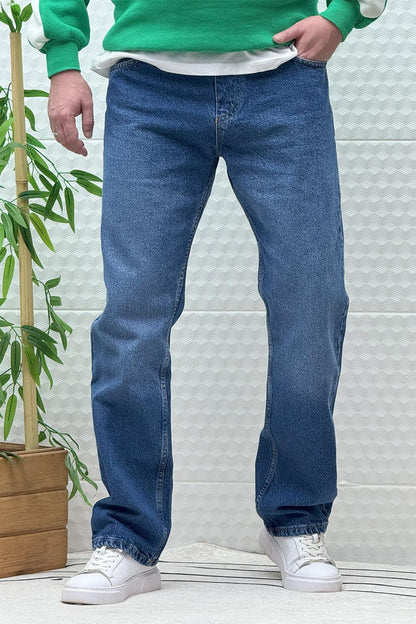 Erkek Beli Lastikli Rahat Kullanım Baggy Kot Pantolon - Mavi