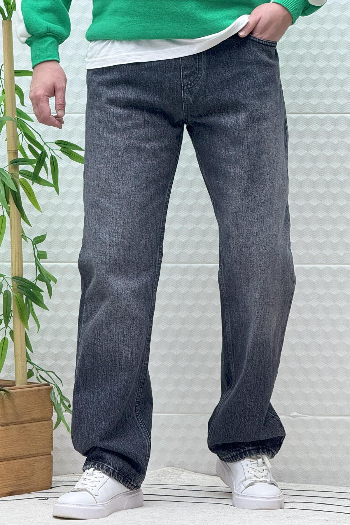 Erkek Beli Lastikli Rahat Kullanım Baggy Kot Pantolon - Koyu Gri