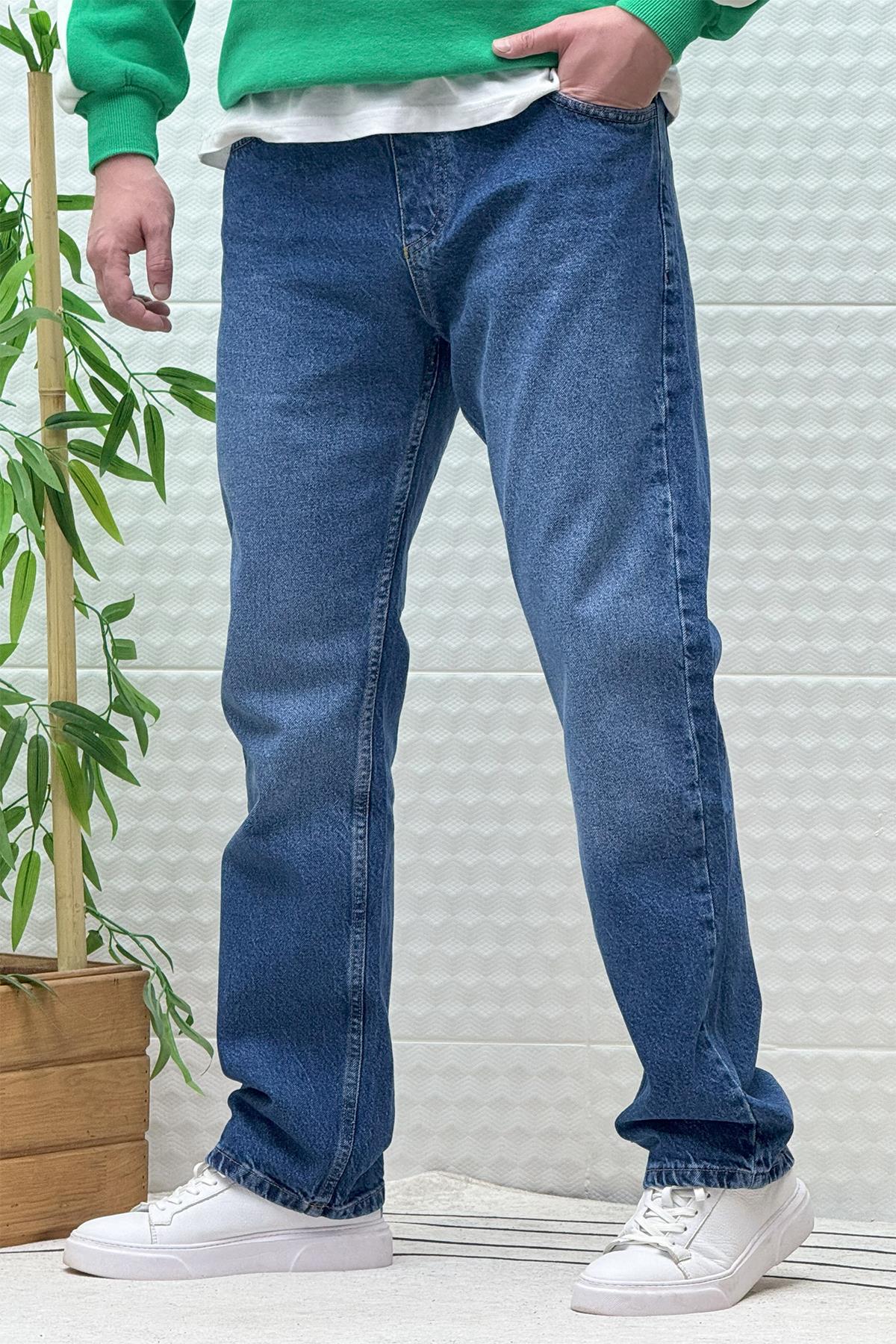 Erkek Beli Lastikli Rahat Kullanım Baggy Kot Pantolon - Mavi