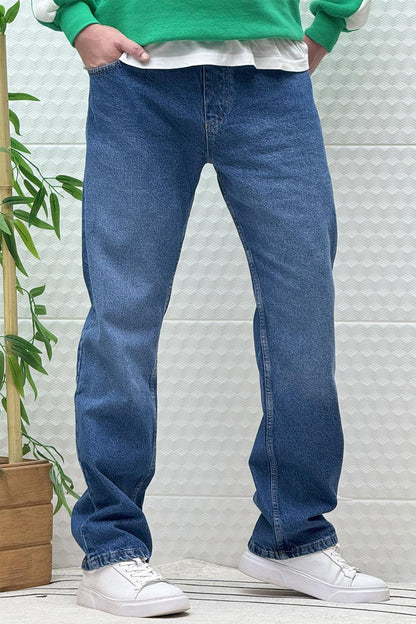 Erkek Beli Lastikli Rahat Kullanım Baggy Kot Pantolon - Mavi