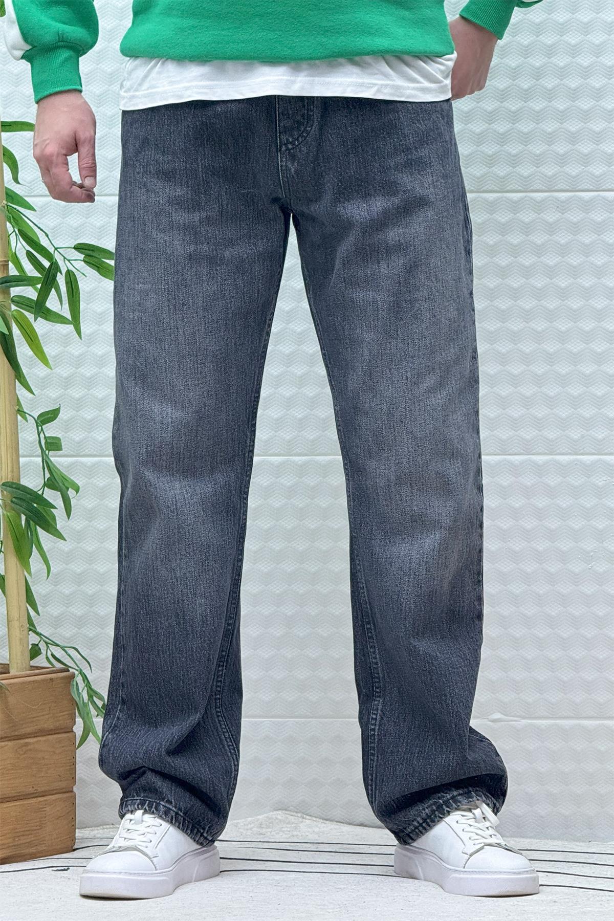 Erkek Beli Lastikli Rahat Kullanım Baggy Kot Pantolon - Koyu Gri