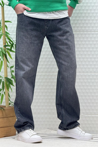 Erkek Beli Lastikli Rahat Kullanım Baggy Kot Pantolon - Koyu Gri