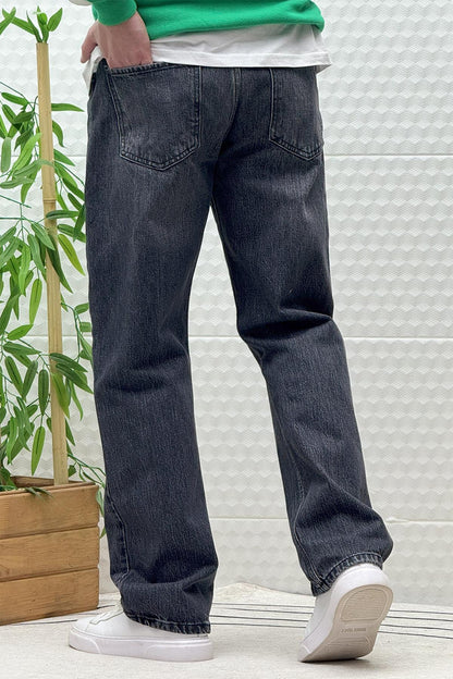Erkek Beli Lastikli Rahat Kullanım Baggy Kot Pantolon - Koyu Gri