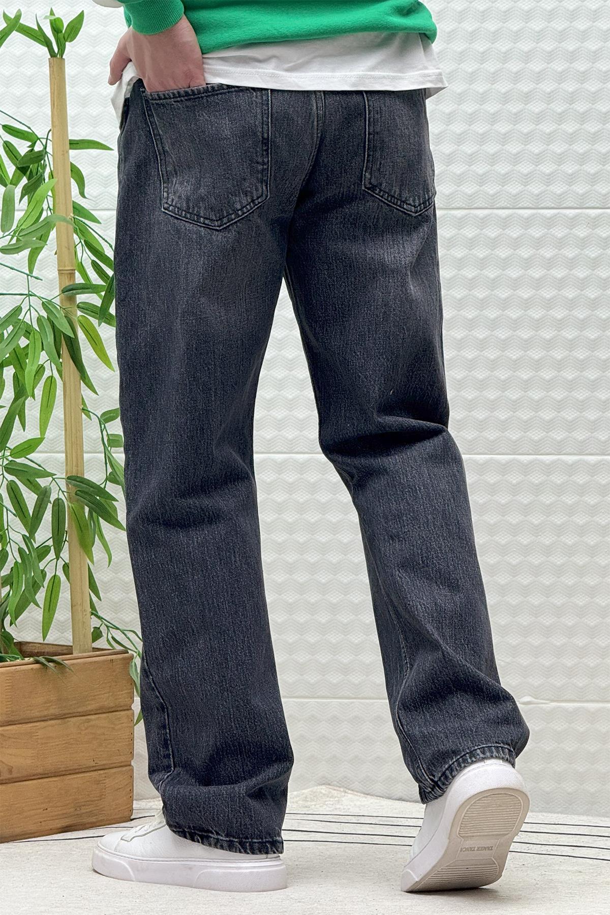 Erkek Beli Lastikli Rahat Kullanım Baggy Kot Pantolon - Koyu Gri