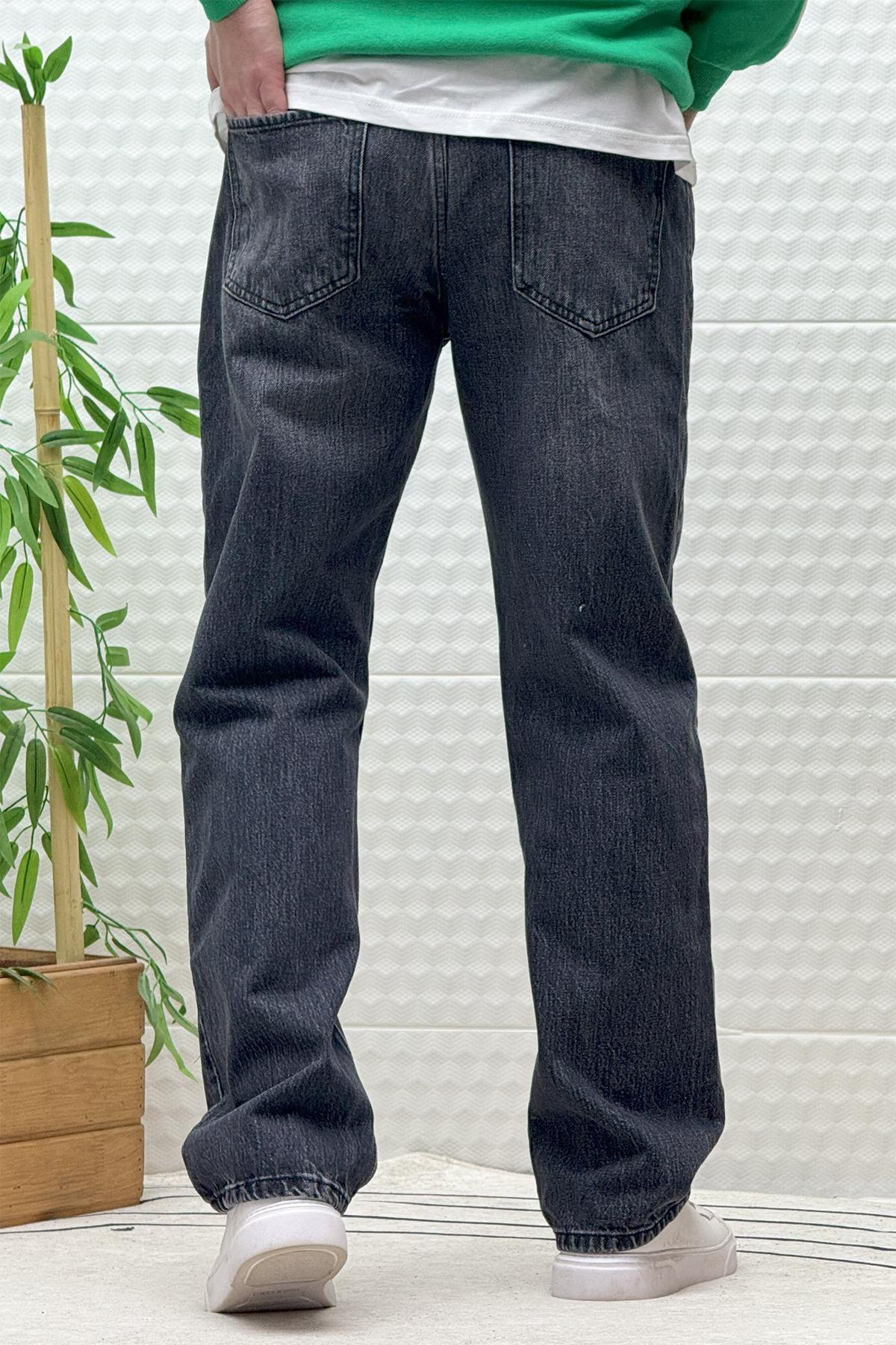 Erkek Beli Lastikli Rahat Kullanım Baggy Kot Pantolon - Koyu Gri