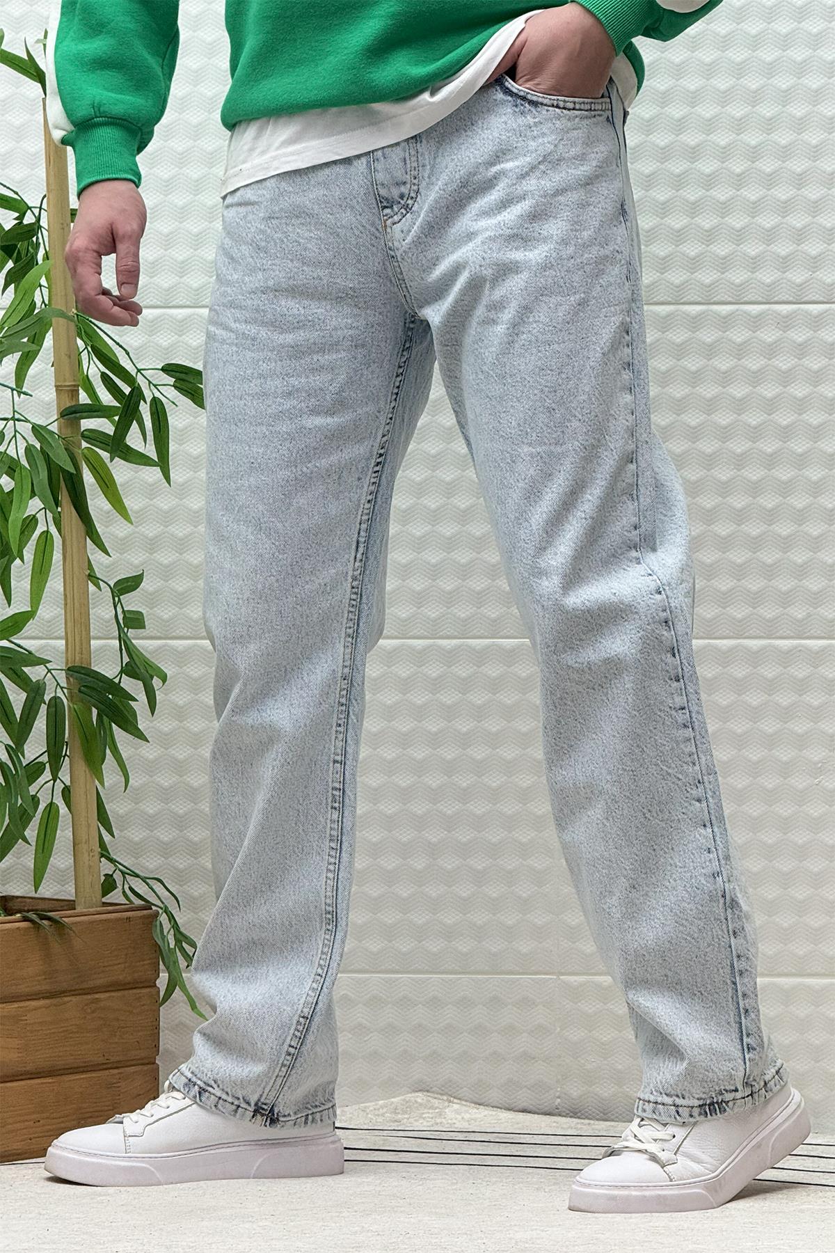 Erkek Beli Lastikli Rahat Kullanım Baggy Kot Pantolon - Buz Mavi