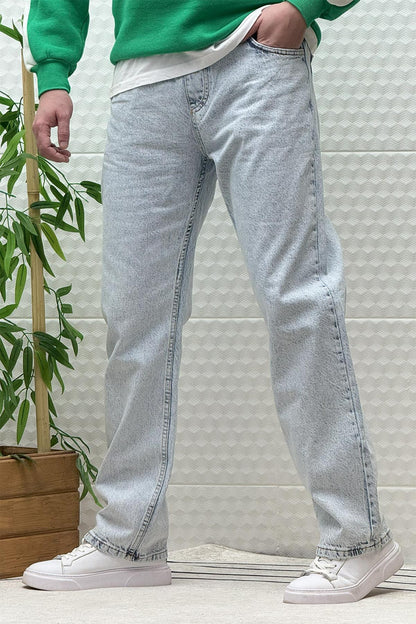 Erkek Beli Lastikli Rahat Kullanım Baggy Kot Pantolon - Buz Mavi