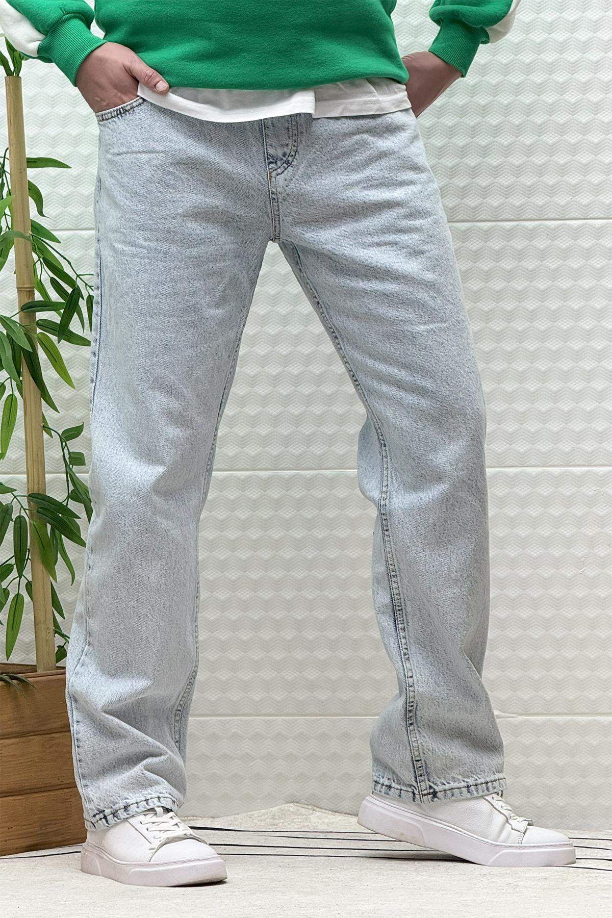 Erkek Beli Lastikli Rahat Kullanım Baggy Kot Pantolon - Buz Mavi