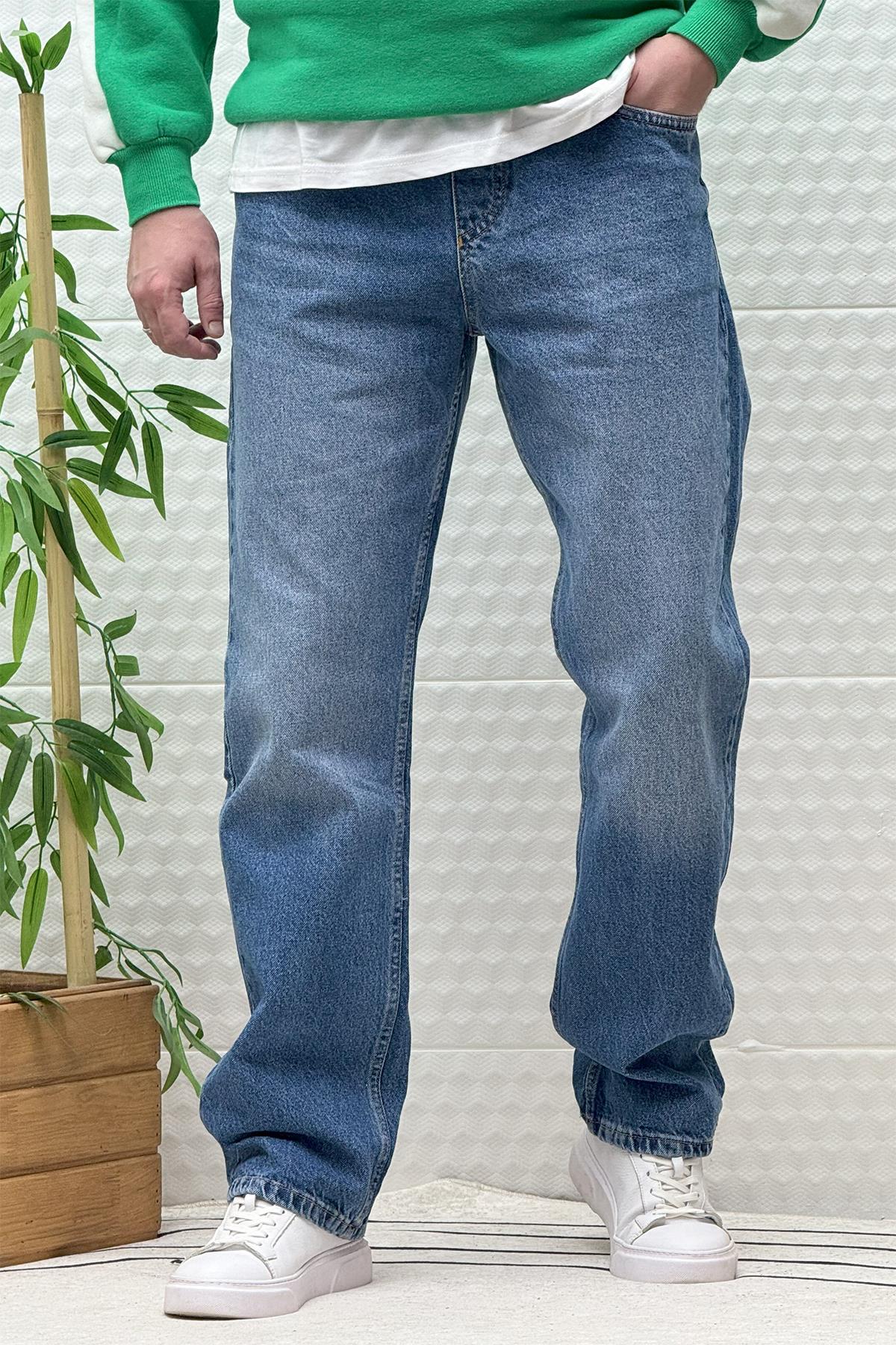 Erkek Beli Lastikli Rahat Kullanım Baggy Kot Pantolon - Koyu Mavi