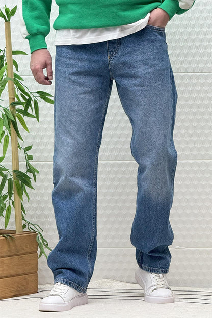 Erkek Beli Lastikli Rahat Kullanım Baggy Kot Pantolon - Koyu Mavi