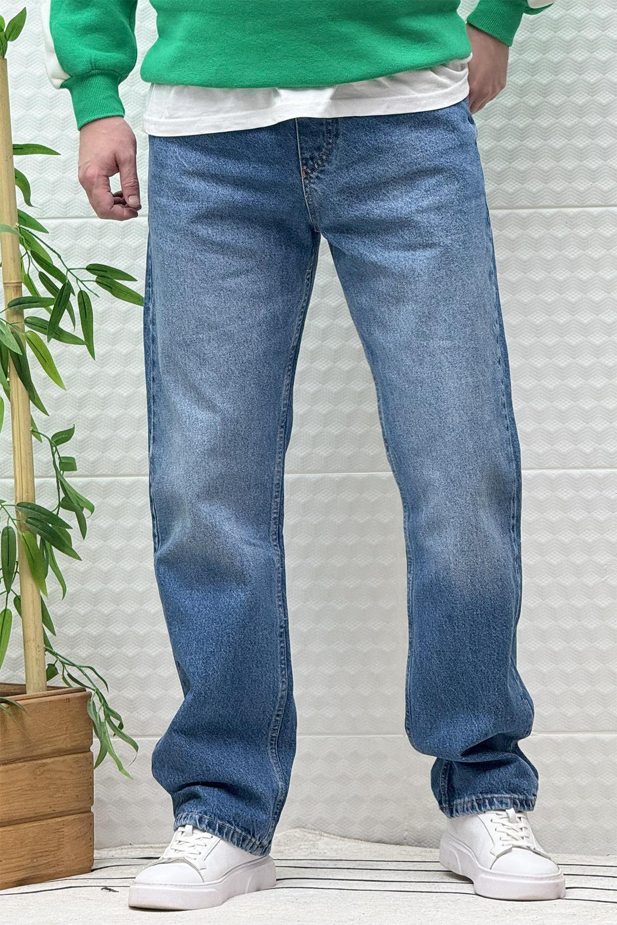 Erkek Beli Lastikli Rahat Kullanım Baggy Kot Pantolon - Koyu Mavi