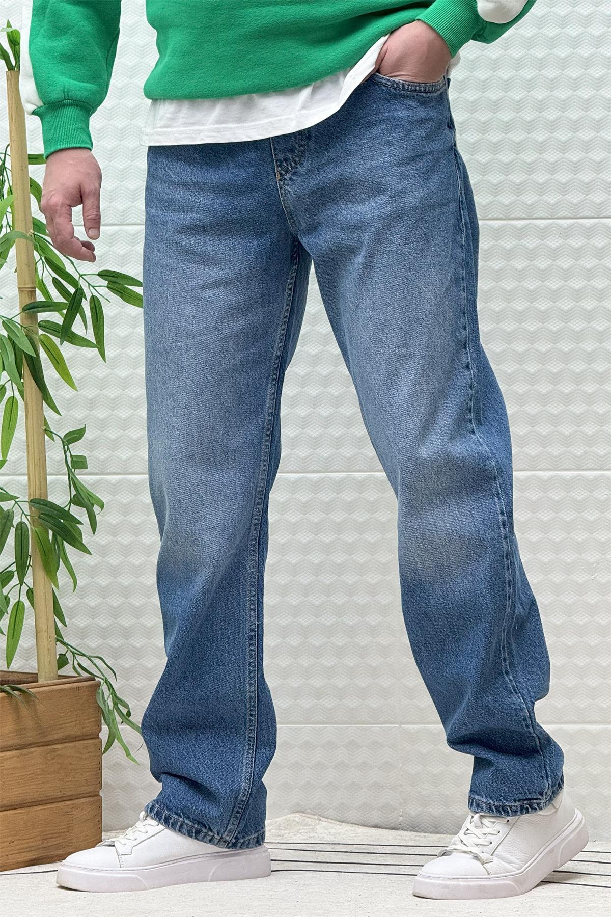 Erkek Beli Lastikli Rahat Kullanım Baggy Kot Pantolon - Koyu Mavi