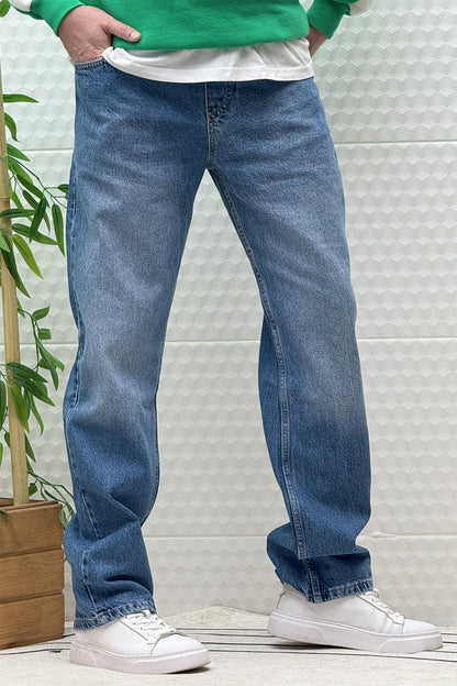 Erkek Beli Lastikli Rahat Kullanım Baggy Kot Pantolon - Koyu Mavi