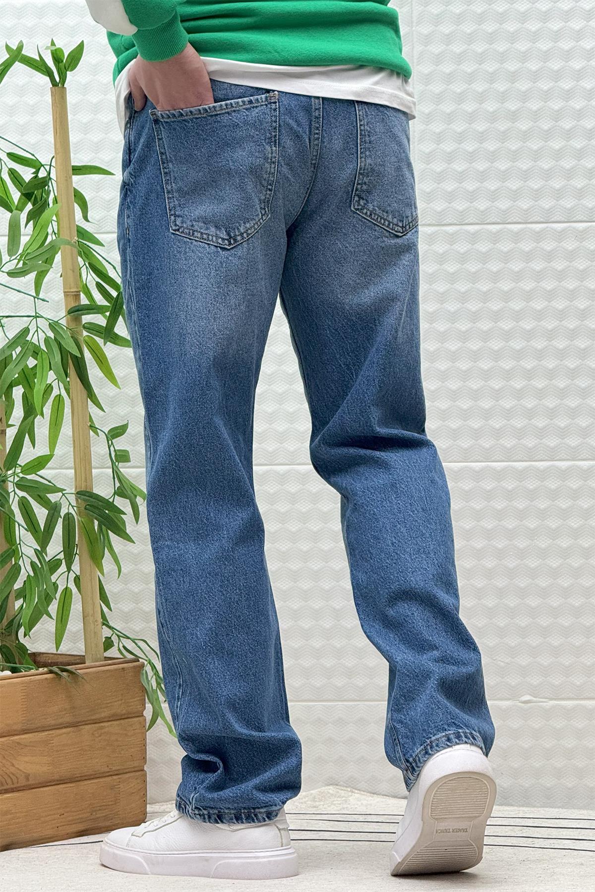 Erkek Beli Lastikli Rahat Kullanım Baggy Kot Pantolon - Koyu Mavi