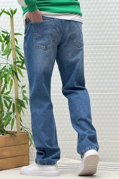 Erkek Beli Lastikli Rahat Kullanım Baggy Kot Pantolon - Koyu Mavi