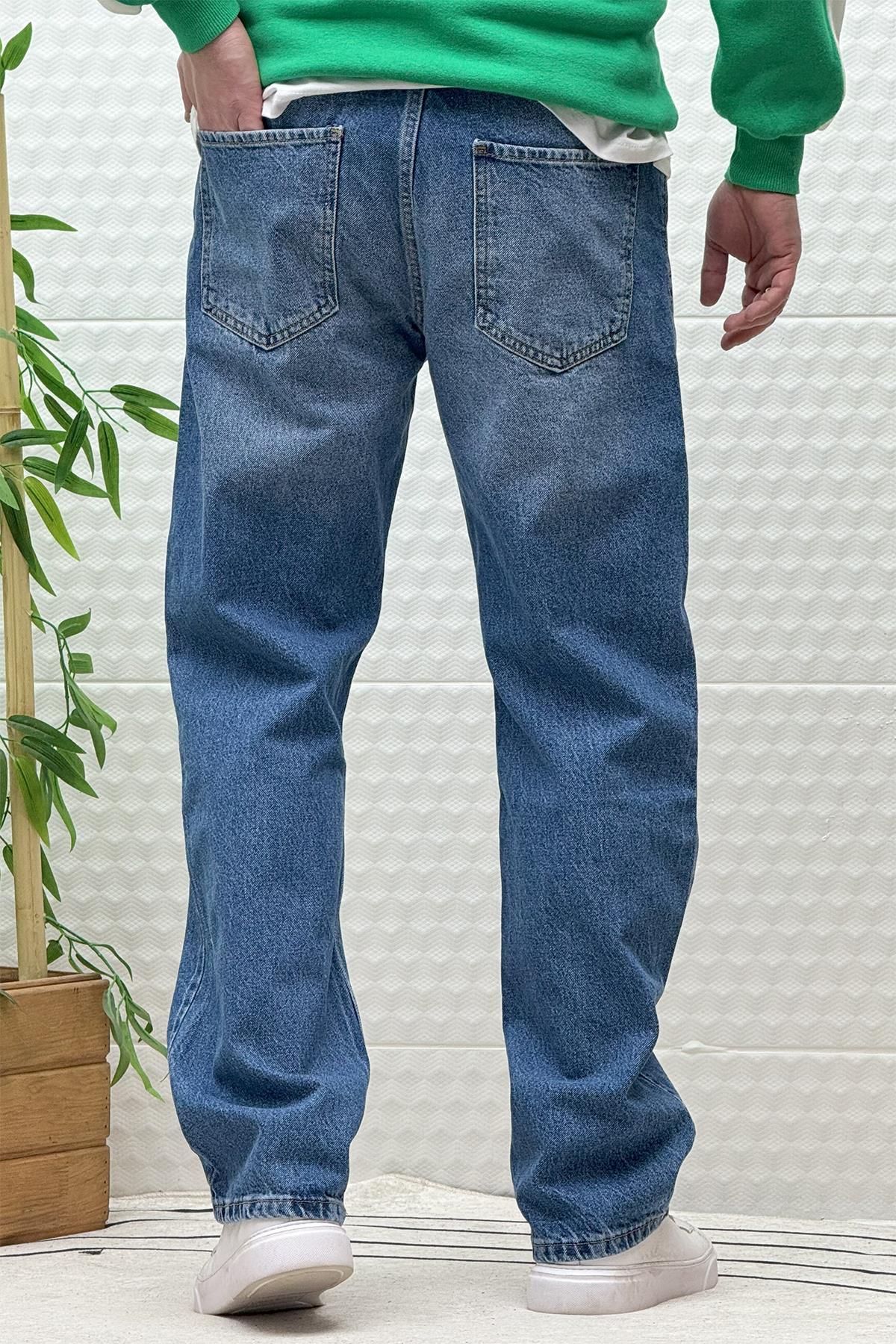 Erkek Beli Lastikli Rahat Kullanım Baggy Kot Pantolon - Koyu Mavi