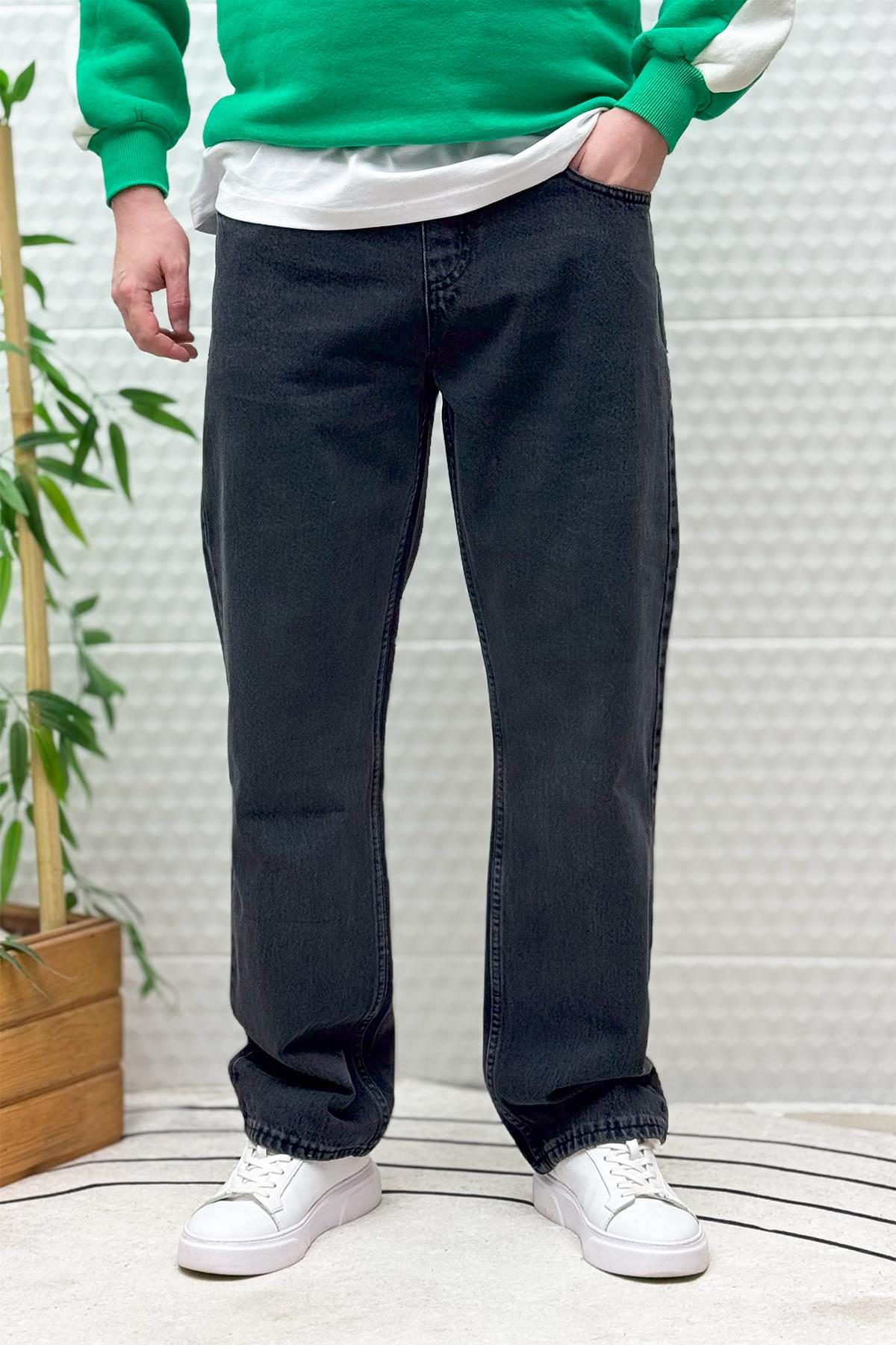 Erkek Beli Lastikli Rahat Kullanım Baggy Kot Pantolon - Füme