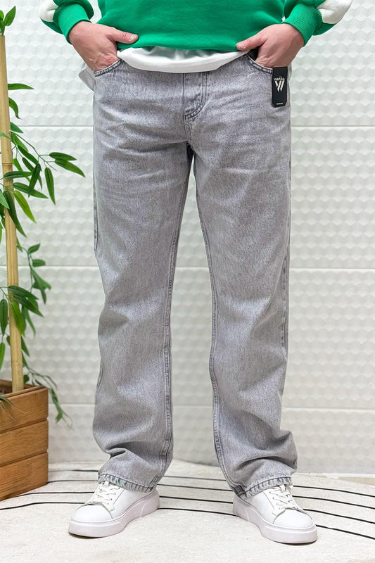 Erkek Beli Lastikli Rahat Kullanım Baggy Kot Pantolon - Açık Gri