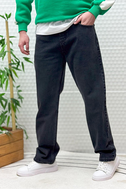 Erkek Beli Lastikli Rahat Kullanım Baggy Kot Pantolon - Füme