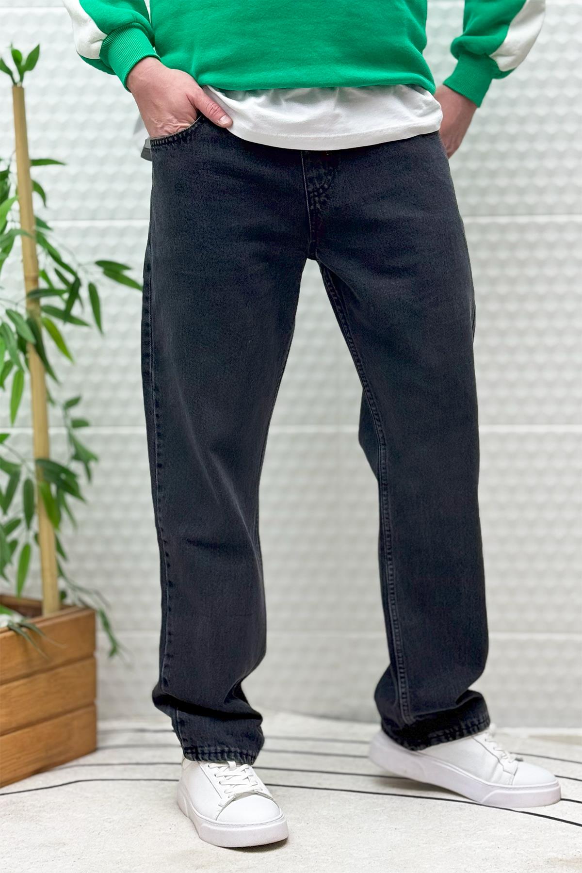 Erkek Beli Lastikli Rahat Kullanım Baggy Kot Pantolon - Füme