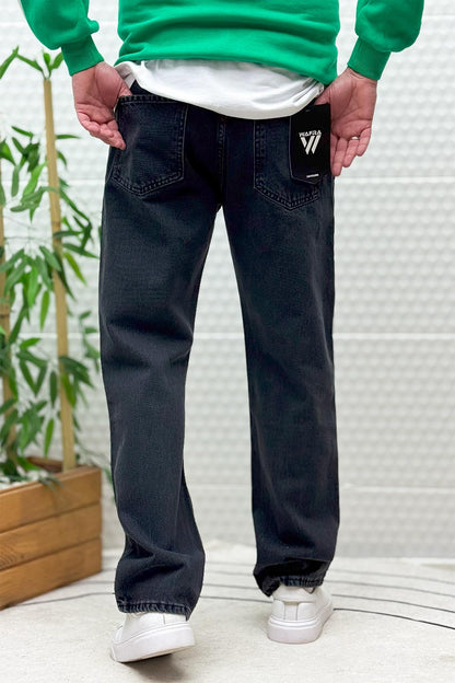 Erkek Beli Lastikli Rahat Kullanım Baggy Kot Pantolon - Füme