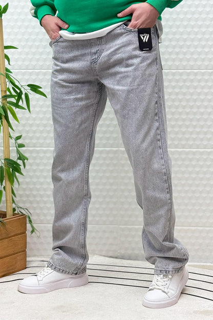 Erkek Beli Lastikli Rahat Kullanım Baggy Kot Pantolon - Açık Gri