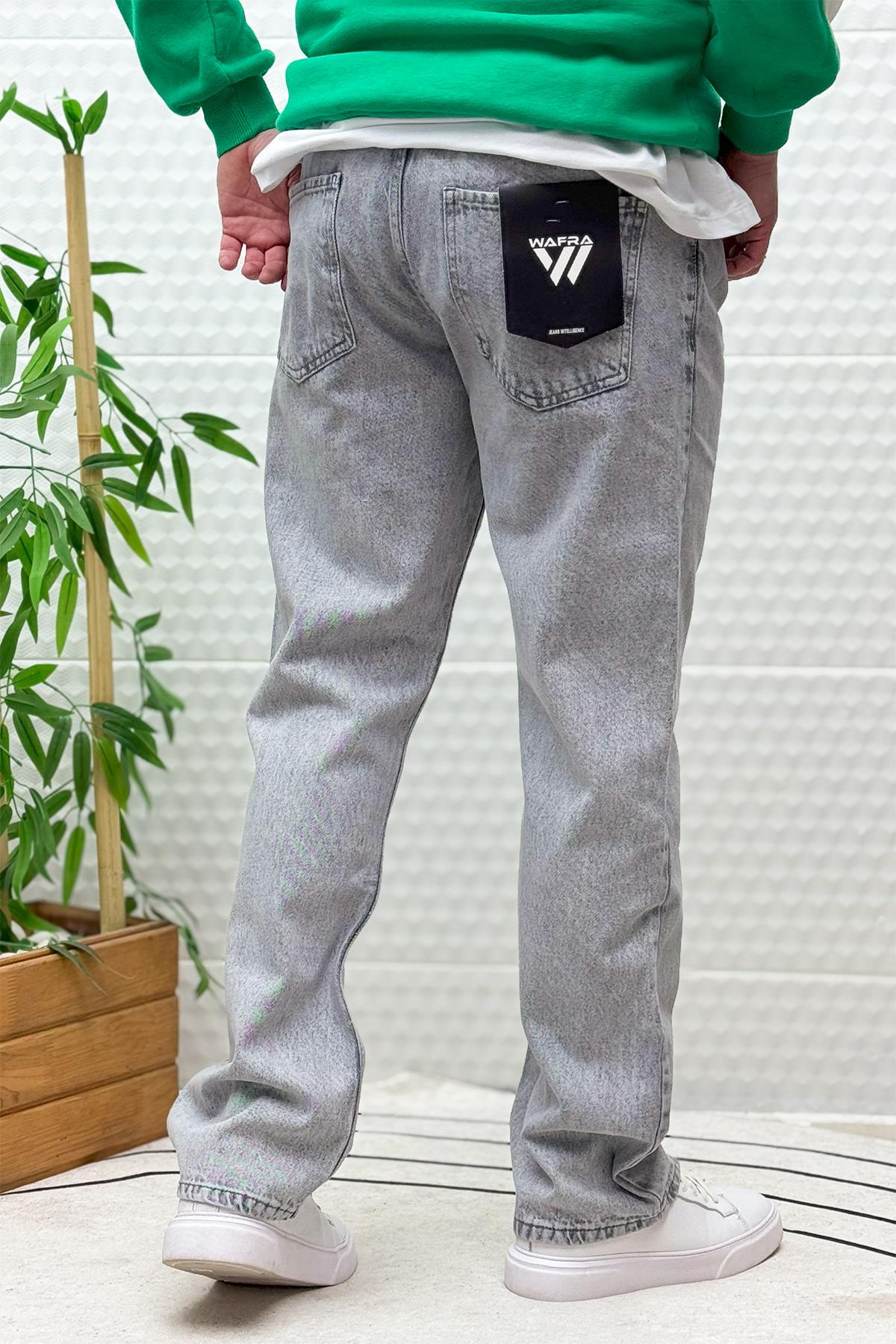 Erkek Beli Lastikli Rahat Kullanım Baggy Kot Pantolon - Açık Gri